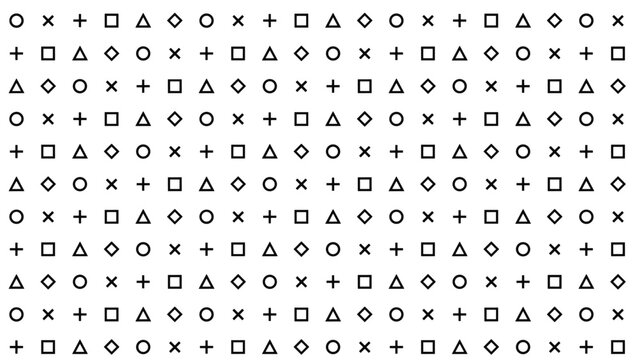Geometric monochrome vector background with repeating minimal symbols pattern in clean black and white abstract style