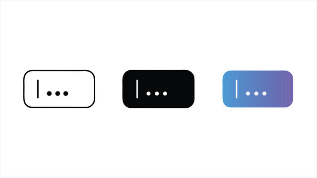 Three variations of text input cursor icons with blinking indicator in line art solid black and gradient flat style isolated on white background