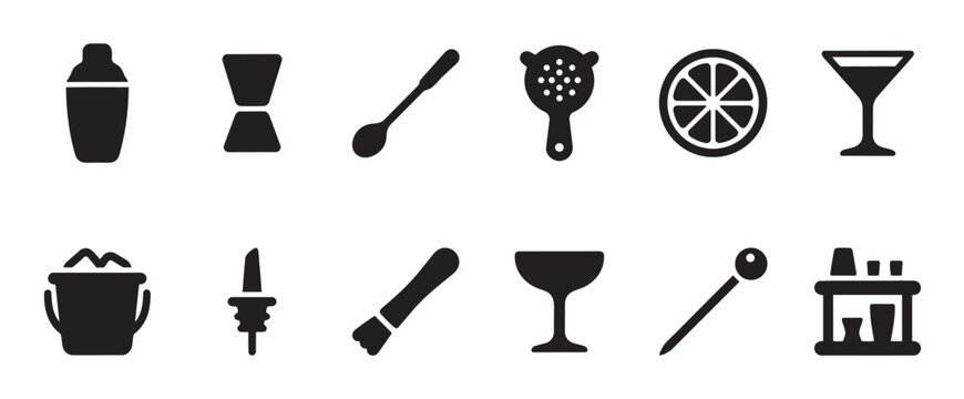 A collection of black silhouette icons representing various cocktail bar tools, including a shaker, jigger, strainer, and glass, ideal for design projects related to mixology and beverages.