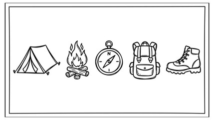 Set of linear camping equipment icons featuring tent campfire compass backpack and boot. © abedin