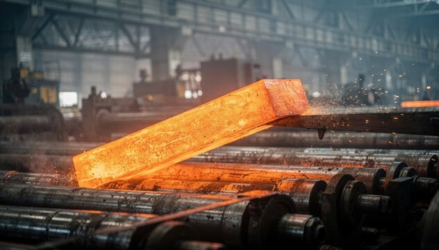 Sharp focus on molten billet shifting on industrial rollers the subtle sparks from precision shearing create a quiet contrast to the blurred metalworking scene.