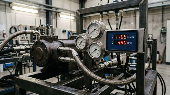 Highpressure pump under evaluation on test equipment focusing on gauges and meters capturing oil flow rate in industrial performance testing.