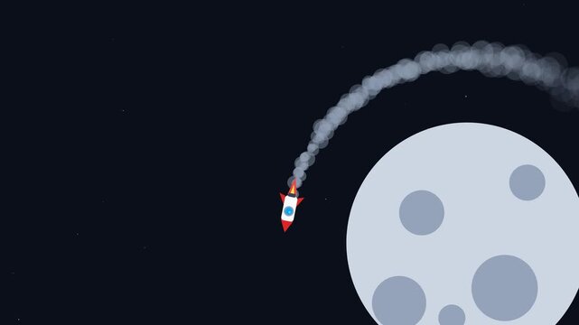 Rocket launching at night with bright flame trail against dark sky to the moon