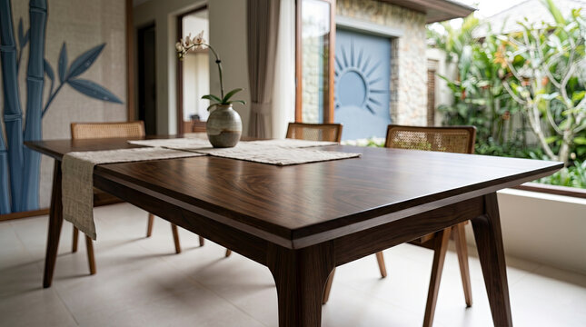 Calm dining room interior with wooden table and chair