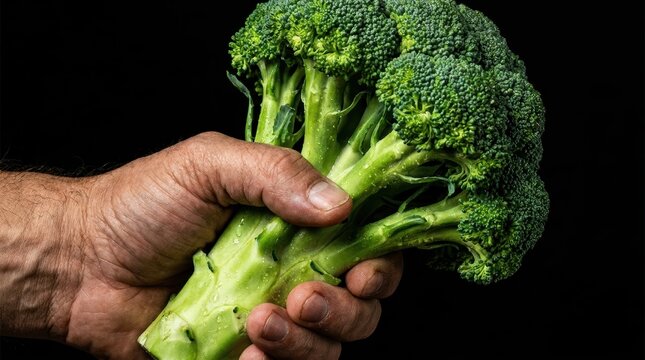 A man's hand tightly grips a fresh green broccoli head against a dark backdrop