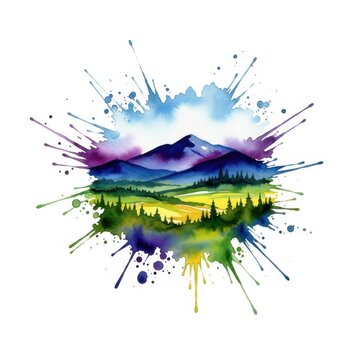Watercolor mountain landscape with pine forest and paint splatter effect