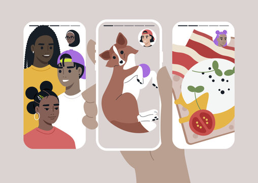 A fun phone story unfolds, showcasing friends smiling, a joyful pet lounging, and a mouthwatering dish, This lively scene blends friendship, pets, and culinary delights.