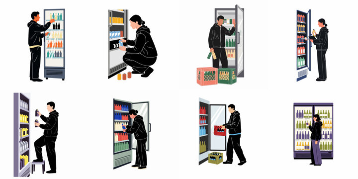 Set of flat illustrations showing retail workers in black hoodies restocking various drink refrigerators and coolers with bottles and cans in a store.