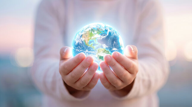 Caring child hand holding glowing world for future