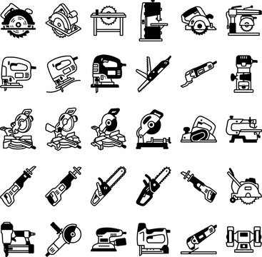 Power saw and cutting tool icon set with various electric woodworking instruments like circular saws, jigsaws, and miter saws presented in a simple black glyph and line art style