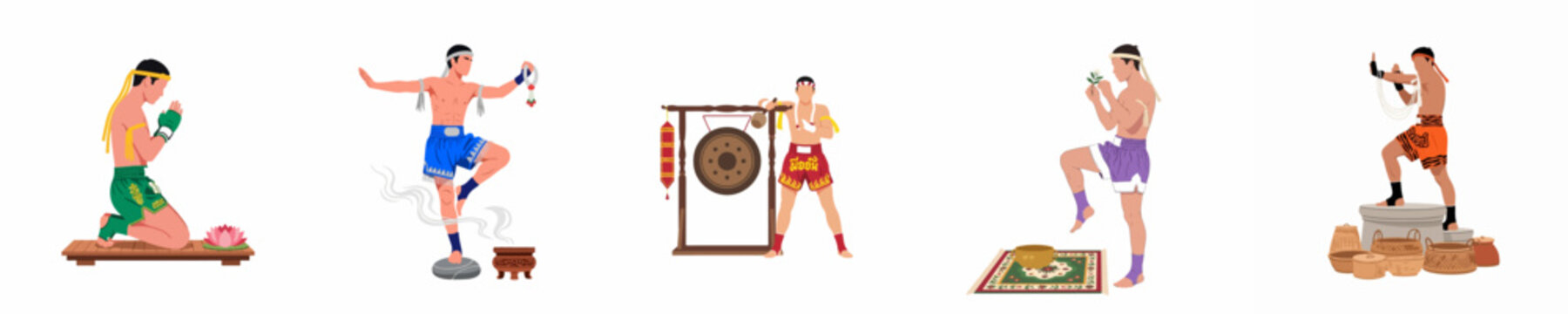 Vector illustration collection of Thai boxers performing traditional Muay Thai rituals, ceremonies, and the Wai Kru Ram Muay dance on a white background.