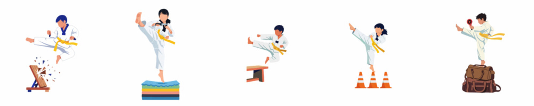 Vector illustration set of children practicing Taekwondo, featuring various martial arts poses, kicks, jumps, and board breaking exercises on a white background.