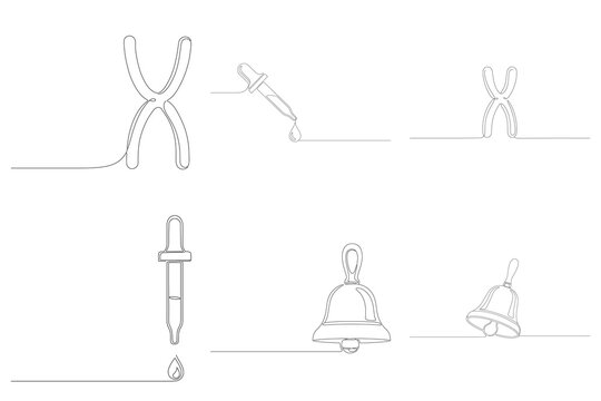 Line art icons depicting chromosomal dna structures chemical pipettes and school bells designed with minimalist stroke style.