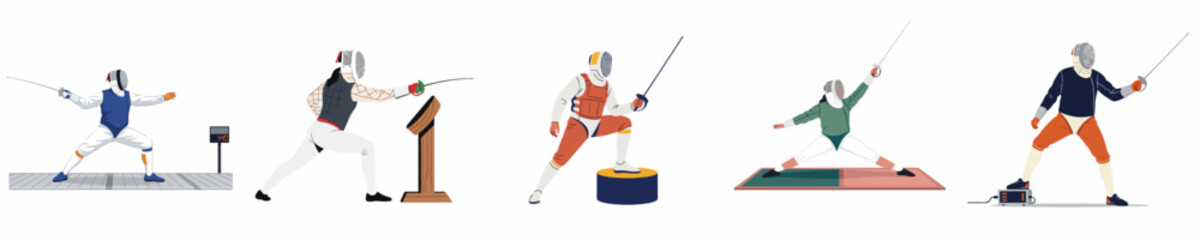 Fototapeta premium Set of flat vector illustrations depicting fencers in various athletic poses, practicing the sport of fencing with gear like masks, foils, and targets.