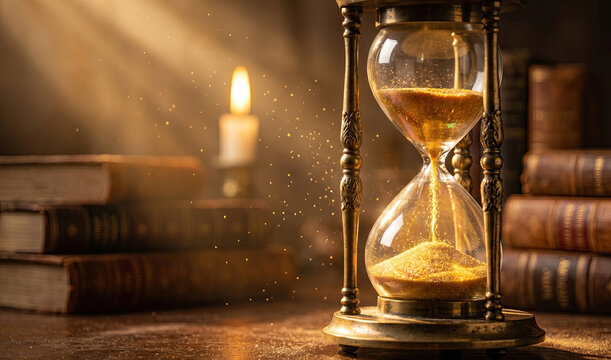 Nostalgic vintage hourglass with book, time passing