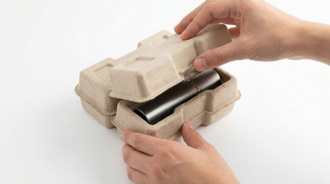Hands carefully opening protective molded pulp packaging to reveal a cylindrical product