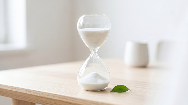 Calm hourglass with white sand measuring passing time