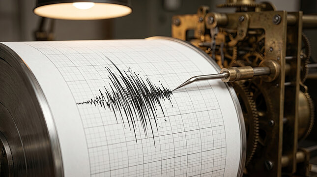 Vintage seismograph drawing an intense earthquake