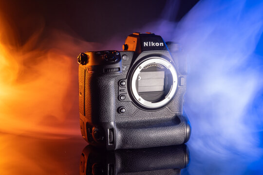 Milan, Italy - April 29, 2026: close up on Nikon flagship camera on black background.