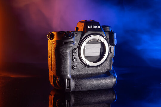 Milan, Italy - April 29, 2026: close up on Nikon flagship camera on black background.