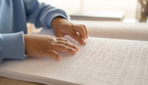 Close-up of a child's fingers navigating a book with Braille characters. The soft lighting emphasizes the tactile texture of the dots, highlighting the journey of learning through touch.