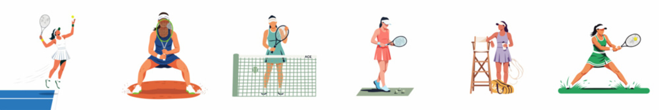 Flat vector illustration set of female tennis players in diverse action poses, including serving, backhand swings, and standing on different court surfaces.