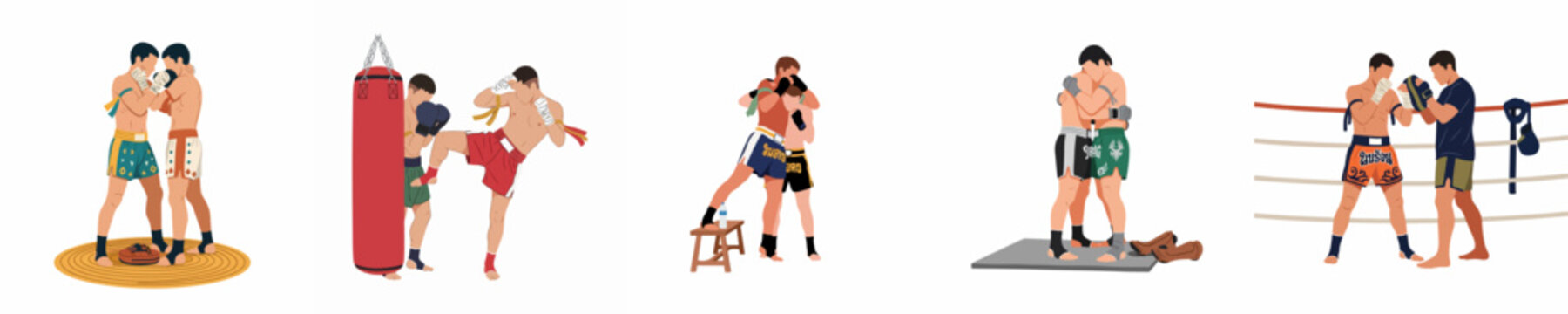 Flat vector illustration set of Muay Thai athletes training, featuring clinching, heavy bag work, and pad drills in various gym settings.