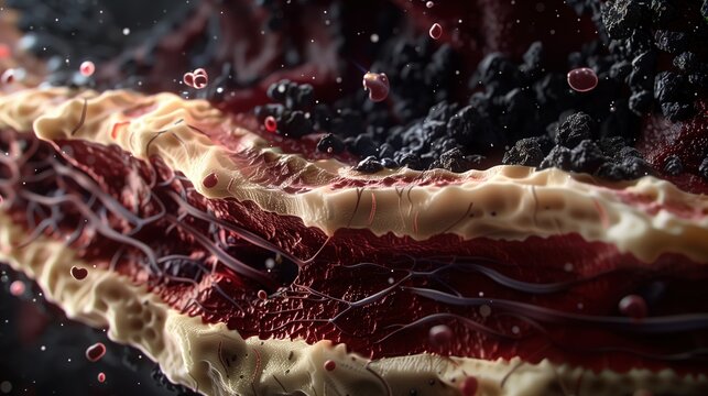Necrotizing Fasciitis: medical illustration of necrotizing fasciitis spreading through soft tissue layers, cross-section view showing skin, fat, fascia, and muscle