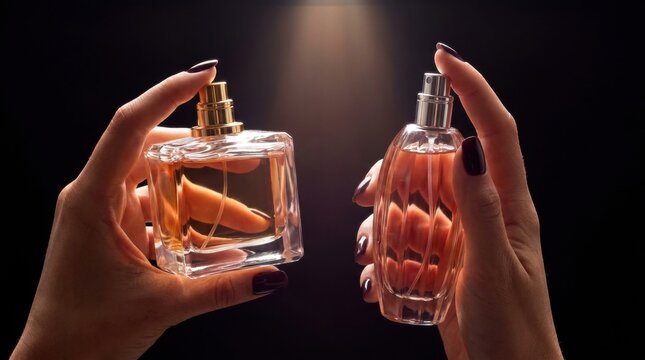 Two elegant glass perfume bottles with golden and silver sprayers held by hands