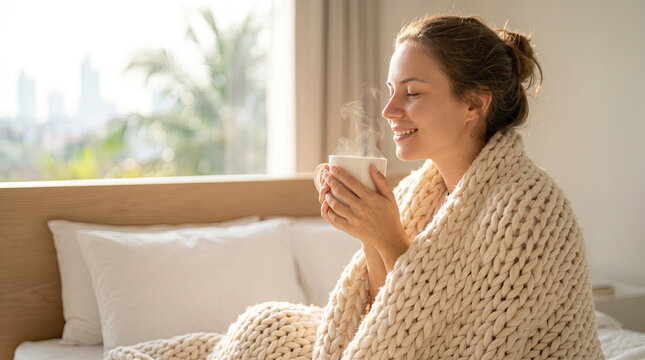 Happy woman relaxing in cozy bed with morning coffee