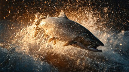 Fototapeta premium Wild spotted salmon leaping dramatically out of rushing river water with golden bokeh splash droplets. AI generated image