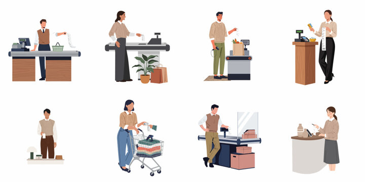 Set of flat vector illustrations of people at various store checkouts and cash registers, holding receipts and paying for purchases.