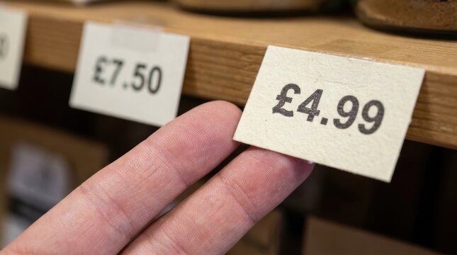 Close up of a finger touching a price tag displaying 4 99 on a store shelf