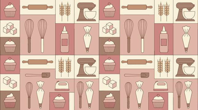 Baking ingredients and pastry shop symbols integrated into a sleek seamless repeating pattern for bakery and dessert concepts.