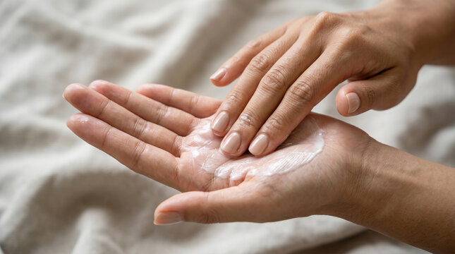Gentle hands applying lotion for soft body care