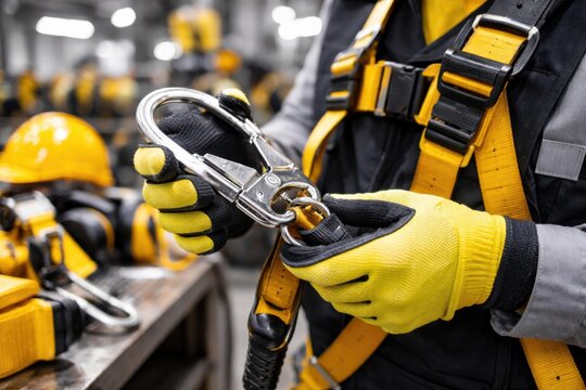 Worker wearing yellow gloves inspects a metal carabiner on a safety harness in an industrial setting.