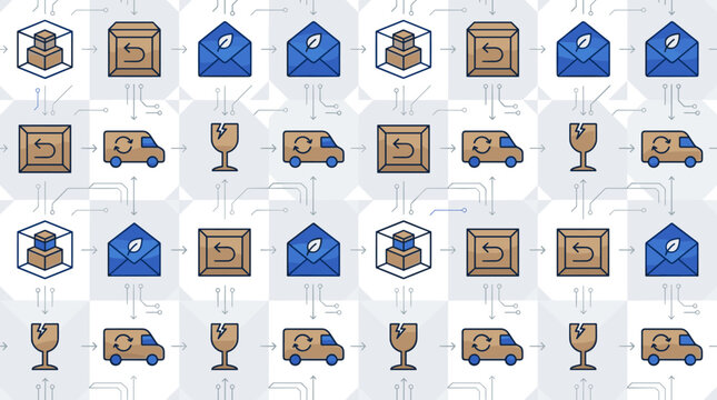 Minimalist shipping icons and reduced-waste logistics symbols integrated into a sleek seamless repeating pattern for efficient