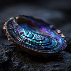 Fototapeta premium Iridescent abalone shell with stunning blue purple mother of pearl interior resting on wet dark volcanic rock. AI generated image