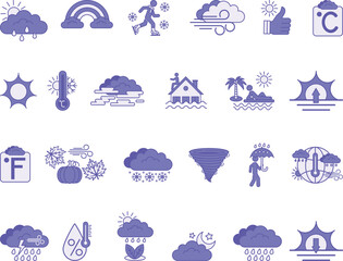 Naklejka premium Purple Weather Icon Set. Vector Icons Temperature, Sun, Rain, Wind, Snow, Rainbow, Flood, Storm, Fog, Sunset, Sunrise, Tornado, Climate, Season, and Others