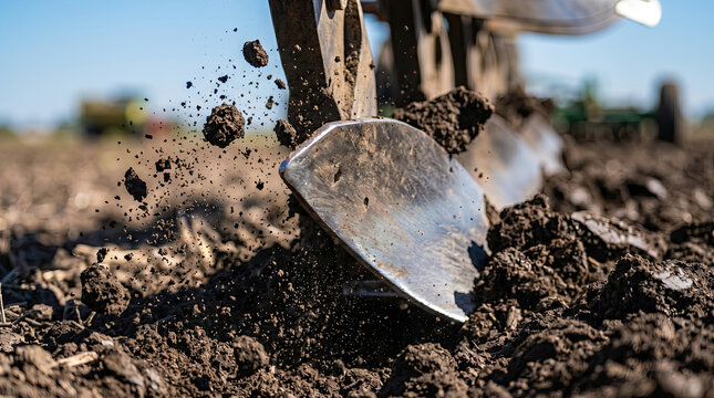 Powerful plow tilling soil in an agriculture field