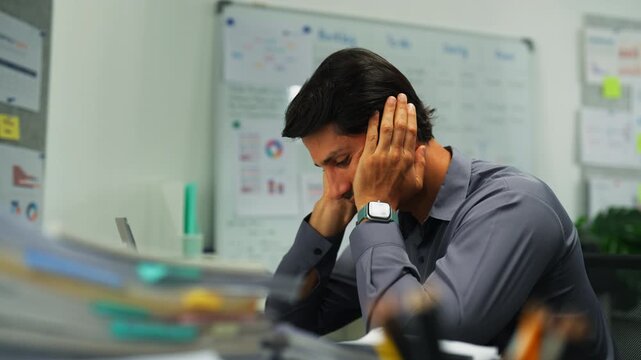 Hispanic manager isolated in office, worried about financial trouble, overworked and disappointed with progress.