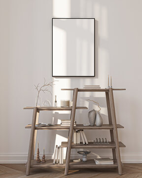 Modern Living Room Poster Frame Mockup with Natural Light and Minimalist Decoration. 3D render.