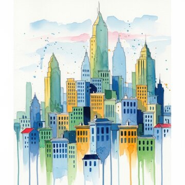 Watercolor of a colorful city skyline with tall skyscrapers