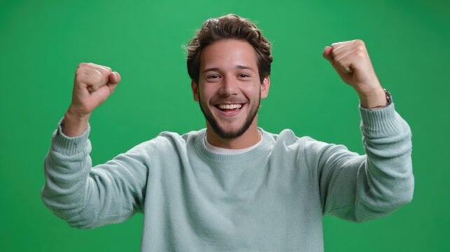 Joyful Expression: A man expresses pure, unadulterated happiness and excitement, celebrating a personal victory against a vibrant green backdrop.
