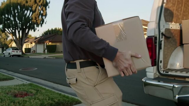 Mailman delivering package to resident. Man courier providing home delivery service. Parcel boxes transportation and shipping concept.