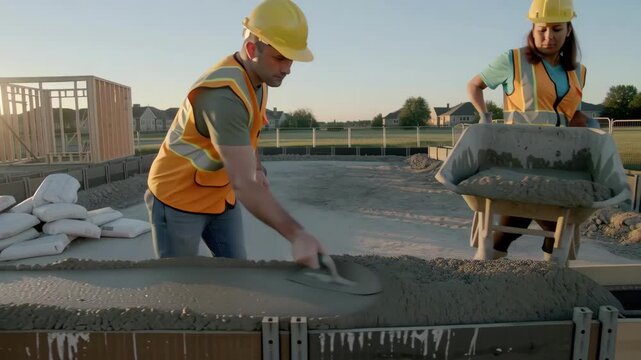 Man and woman pouring and leveling cement on construction site. Workers building foundation for new home on sunny day.