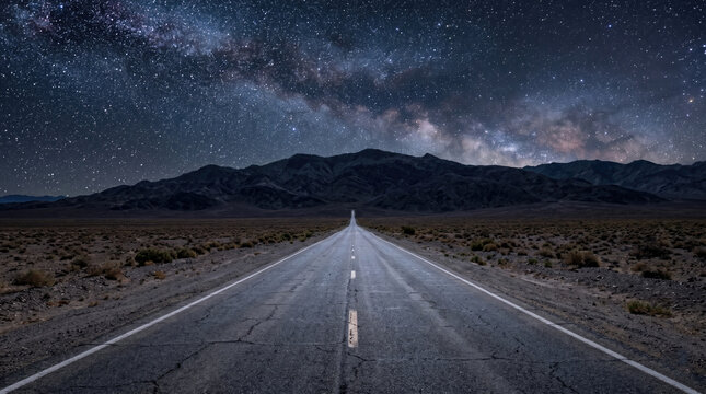 Awe inspiring starry night sky over long desert road