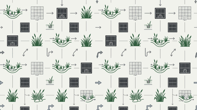 Stormwater management symbols and permeable surface icons arranged in a sophisticated seamless repeating pattern for urban