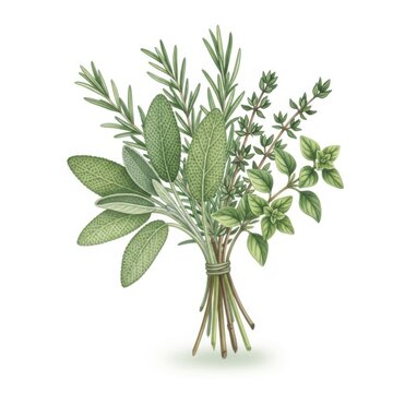 Watercolor of a fresh herb bouquet with sage, rosemary, thyme, and oregano