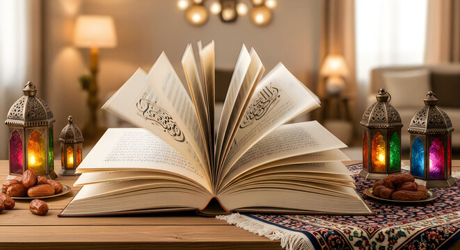 Open quran book with lanterns for ramadan celebration